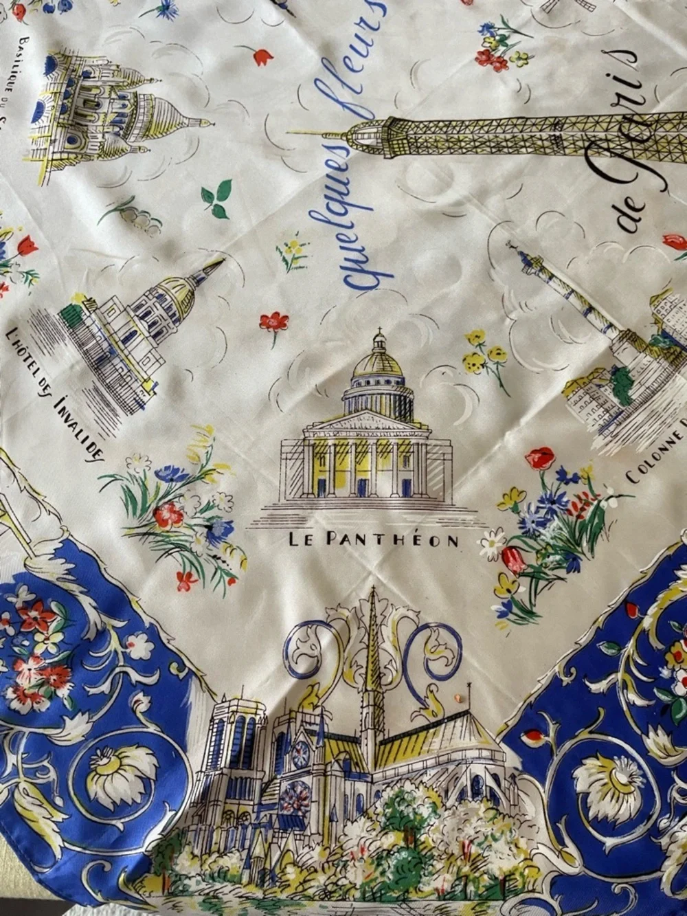 Parisian Eiffel Tower Vintage Souvenir Scarf-Blue, White & Gold Flowers Map